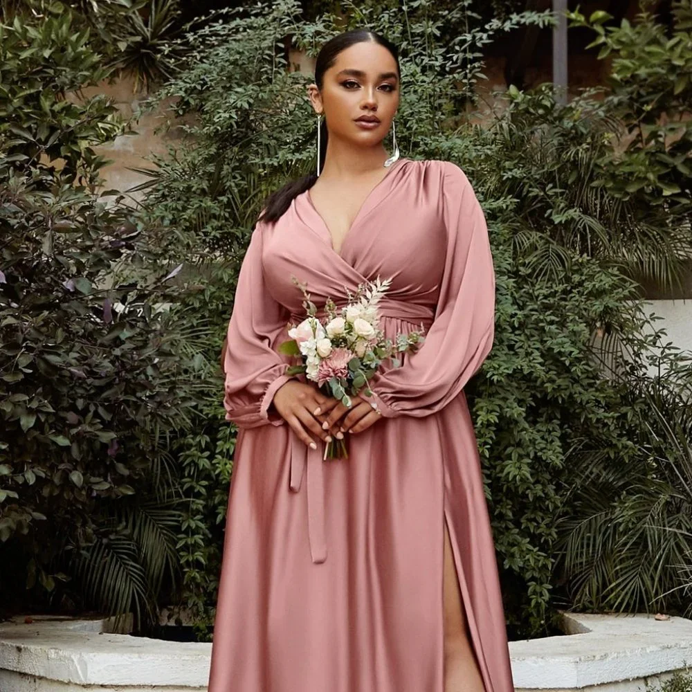 NEW ROSE SATIN A-LINE SILHOUETTE DRESS WITH ZIPPER BACK & SPLIT SLEEVES CD7475C